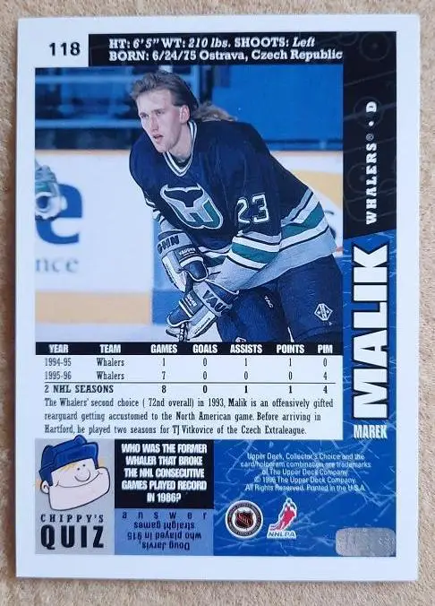 НХЛ Марек Малик Хартфорд Уэйлерс № 118 1
