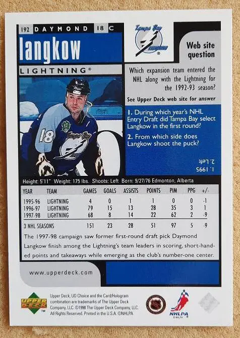 НХЛ Дэймонд Лэнгкоу Тампа Бэй Лайтнинг № 192 1