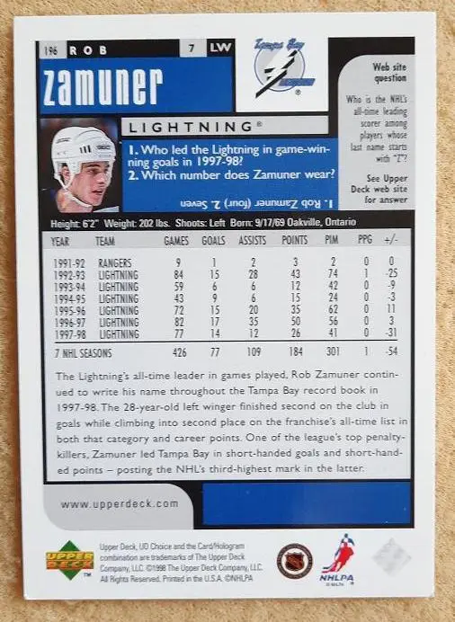НХЛ Роб Замунер Тампа Бэй Лайтнинг № 196 1