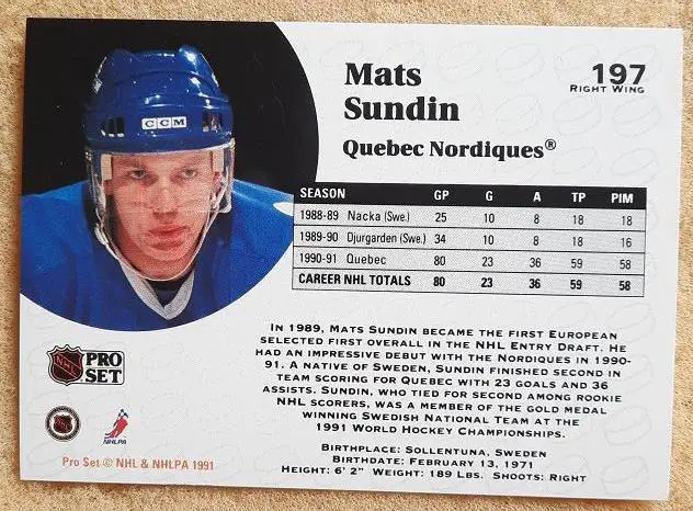 НХЛ Матс Сундин Квебек Нордикс № 197 1