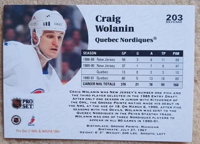 НХЛ Крейг Воланин Квебек Нордикс № 203 1