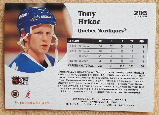 НХЛ Тони Хркач Квебек Нордикс № 205 1