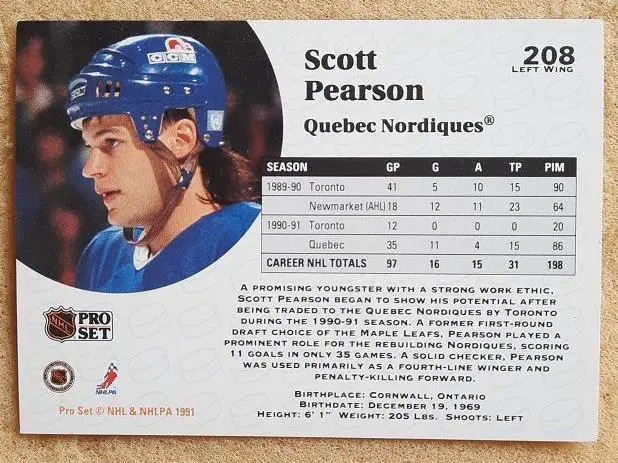 НХЛ Скотт Пирсон Квебек Нордикс № 208 1