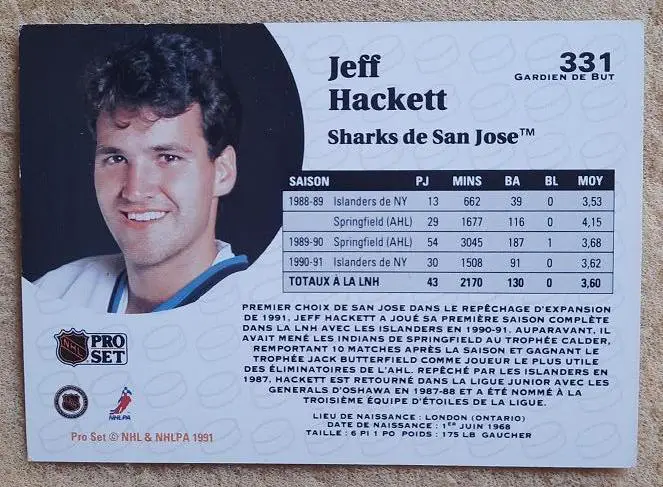 НХЛ Джефф Хэкетт Сан-Хосе Шаркс № 331 фр 1