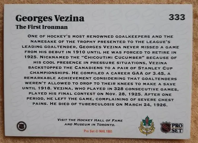 НХЛ Жорж Везина Монреаль Канадиенс № 333 1