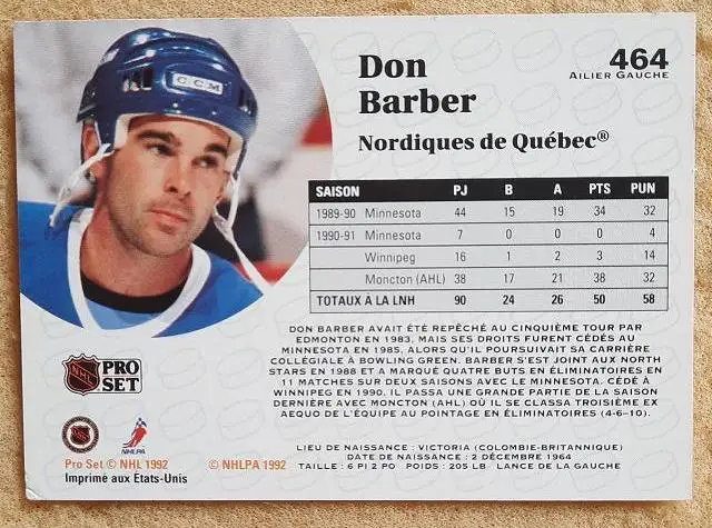 НХЛ Дон Барбер Квебек Нордикс № 464 фр 1