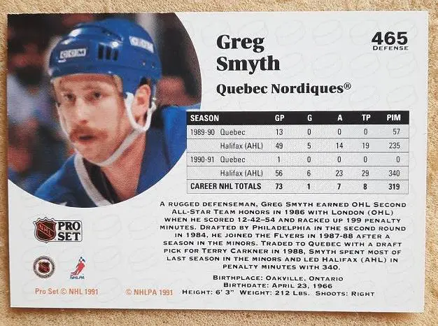 НХЛ Грег Смит Квебек Нордикс № 465 1