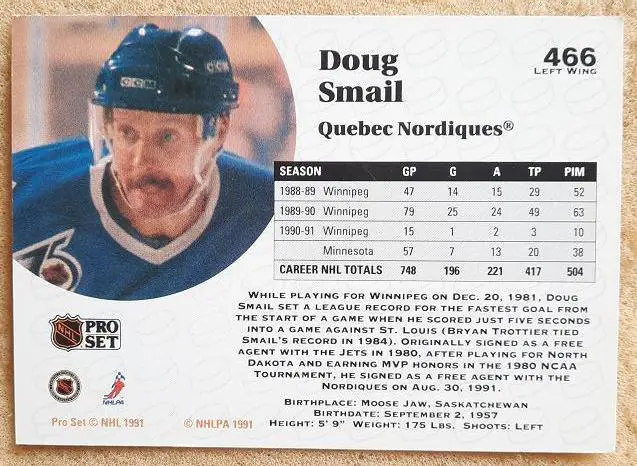 НХЛ Дуг Смейл Квебек Нордикс № 466 1
