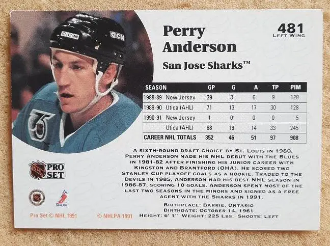 НХЛ Перри Андерсон Сан-Хосе Шаркс № 481 1