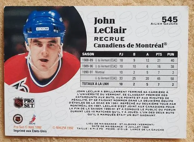 НХЛ Джон Леклер Монреаль Канадиенс № 545 фр 1