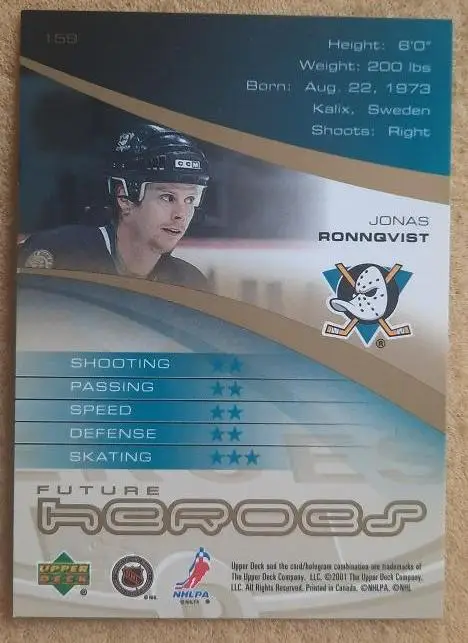 НХЛ Йонас Роннквист Анахайм Майти Дакс № 159 1