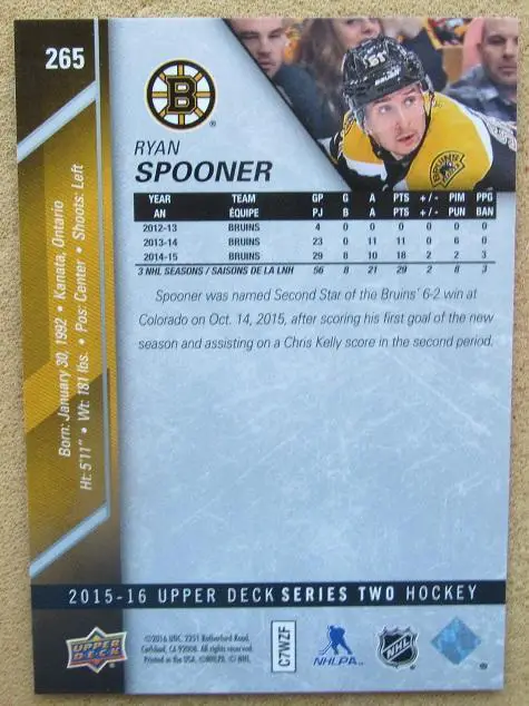 НХЛ Райан Спунер Бостон Брюинз Минск Екатеринбург № 265 1