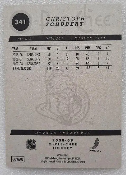 НХЛ Кристоф Шуберт Оттава Сенаторз № 341 1