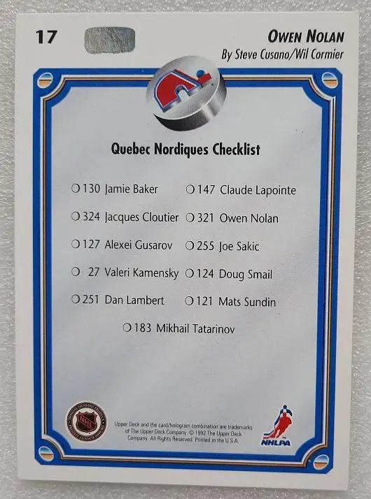 НХЛ Оуэн Нолан Квебек Нордикс № 17 1