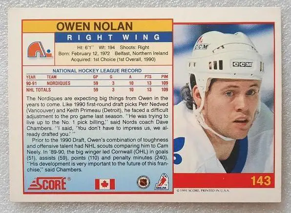 НХЛ Оуэн Нолан Квебек Нордикс № 143 can eng 1
