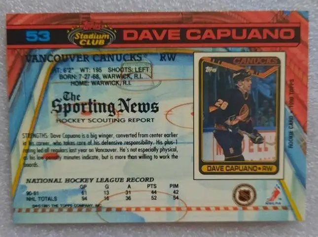 НХЛ Дейв Капуано Ванкувер Кэнакс № 53 1