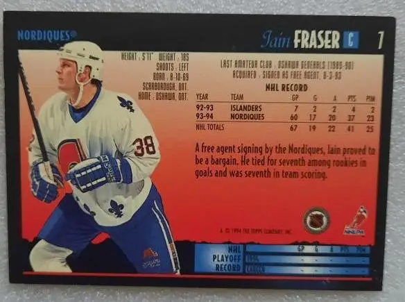 НХЛ Иэн Фрайзер Квебек Нордикс № 7 1