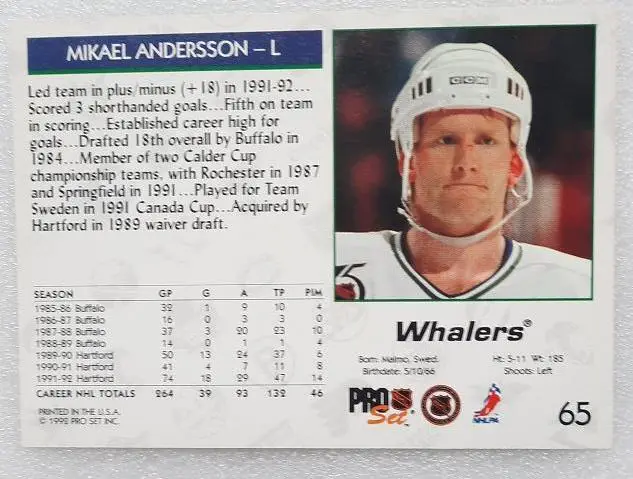 НХЛ Микаэль Андерссон Хартфорд Уэйлерс № 65 1
