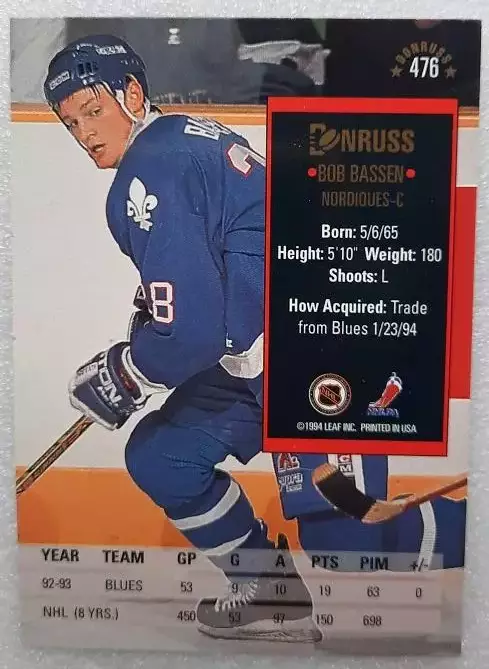 НХЛ Боб Бассен Квебек Нордикс № 476 1