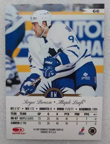 НХЛ Сергей Березин Торонто Мэйпл Лифс Рязань Воскресенск ЦСКА Москва № 66 1