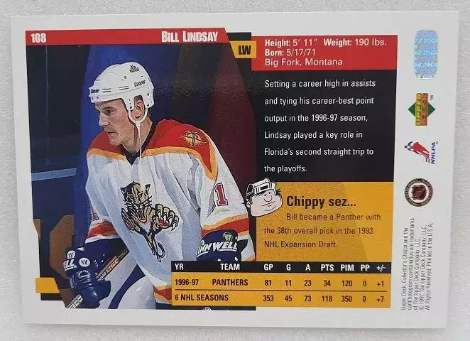 НХЛ Билл Линдсей Флорида Пантерз № 108 1