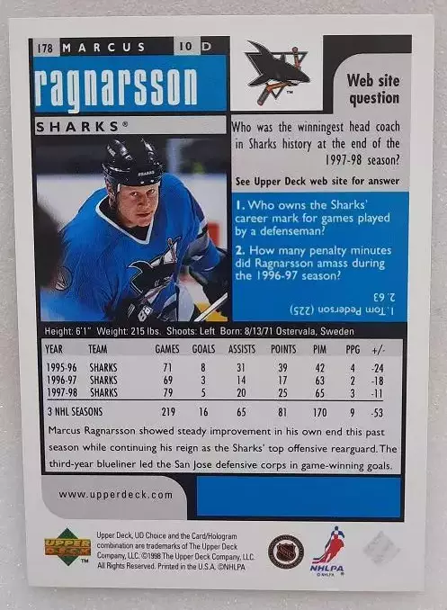 НХЛ Маркус Рагнарссон Сан-Хосе Шаркс № 178 1
