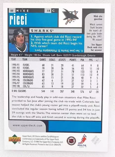 НХЛ Майк Риччи Сан-Хосе Шаркс № 180 1