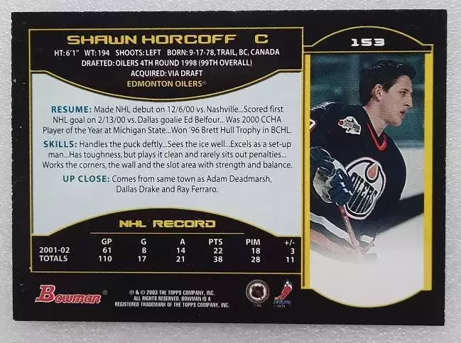 НХЛ Шон Хоркофф Эдмонтон Ойлерз № 153 1