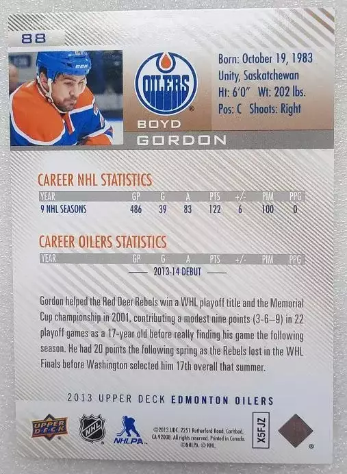 НХЛ Бойд Гордон Эдмонтон Ойлерз № 88 1