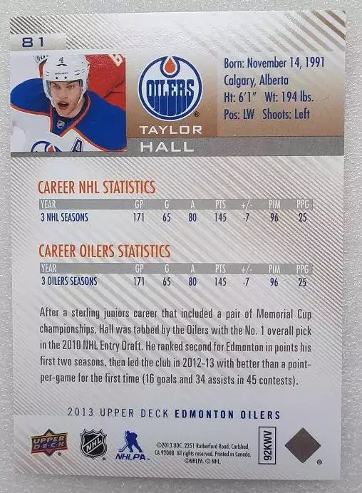 НХЛ Тейлор Холл Эдмонтон Ойлерз № 81 1