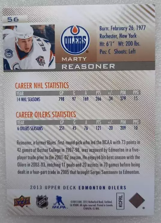 НХЛ Мартин Ризонер Эдмонтон Ойлерз № 56 1