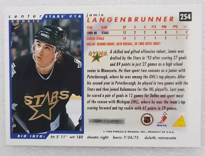 НХЛ Джейми Лангенбруннер Даллас Старз № 254 1