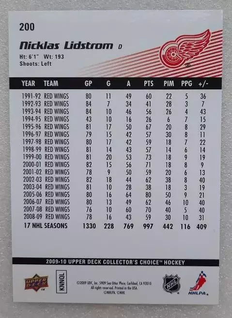 НХЛ Никлас Лидстрем Детройт Ред Уингз № 200 1