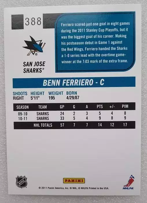 НХЛ Бенн Феррьеро Сан-Хосе Шаркс № 388 1