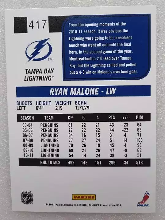 НХЛ Райан Мэлоун Тампа Бэй Лайтнинг № 417 1