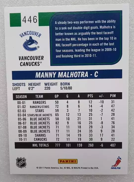 НХЛ Мэнни Малхотра Ванкувер Кэнакс № 446 1