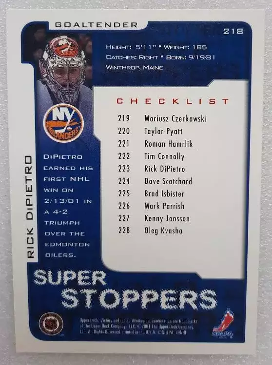 НХЛ Рик Дипьетро Нью-Йорк Айлендерс № 218 1