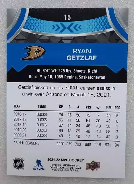 НХЛ Райан Гецлаф Анахайм Дакс № 15 блю 1