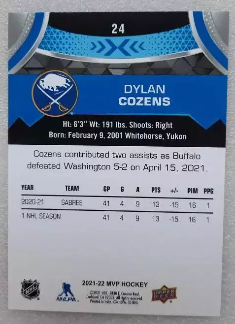 НХЛ Дилан Козенс Баффало Сейбрз № 24 блю 1