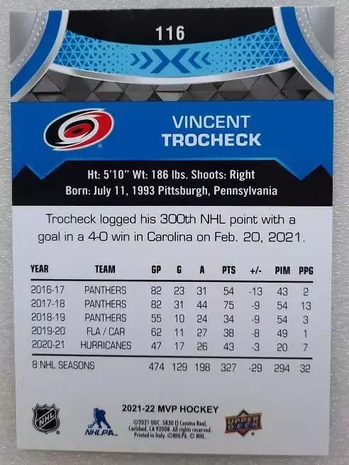 НХЛ Винсент Трочек Каролина Харрикейнз № 116 блю 1