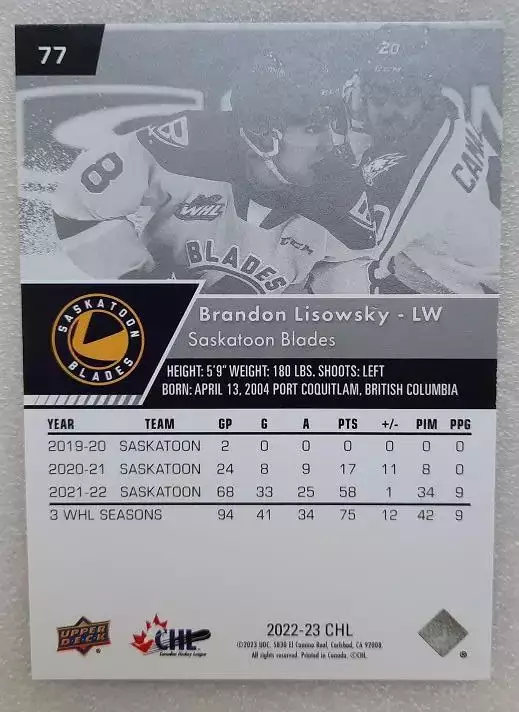НХЛ Брэндон Лисовски Саскатун Блейдз № 77 1