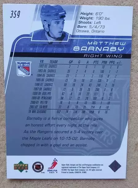 НХЛ Мэтт Барнаби Нью-Йорк Рейнджерс № 359 1