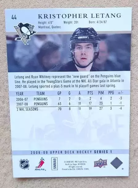 НХЛ Крис Летанг Питтсбург Пингвинз № 44 1