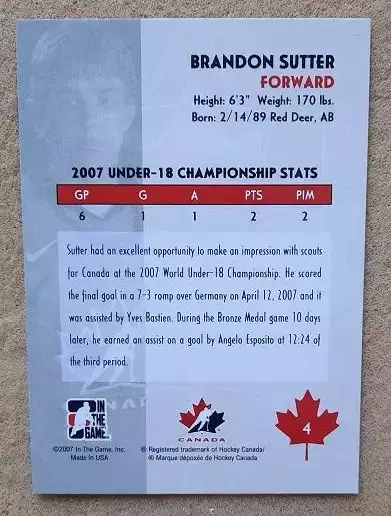 НХЛ Брендон Саттер Канада № 4 1