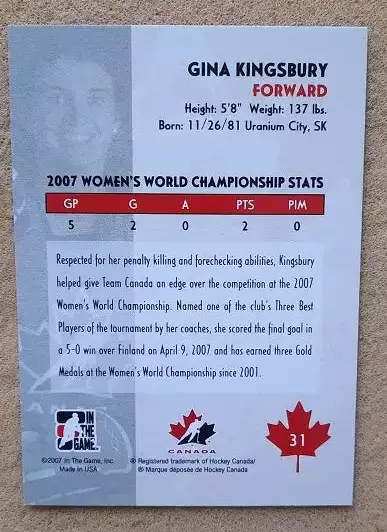 НХЛ Джина Кингсбёри Канада № 31 1