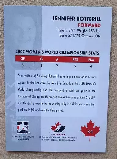 НХЛ Дженнифер Боттерилл Канада № 34 1