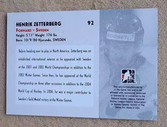 НХЛ Хенрик Зеттерберг Швеция № 92 1