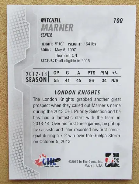 НХЛ Митчелл Марнер Лондон Найтс № 100 1