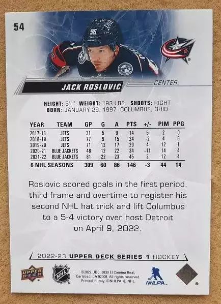 НХЛ Джек Рословик Коламбус Блю Джекетс № 54 1