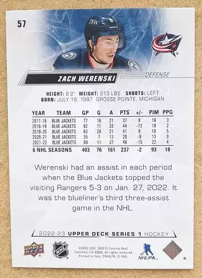 НХЛ Зак Веренски Коламбус Блю Джекетс № 57 1